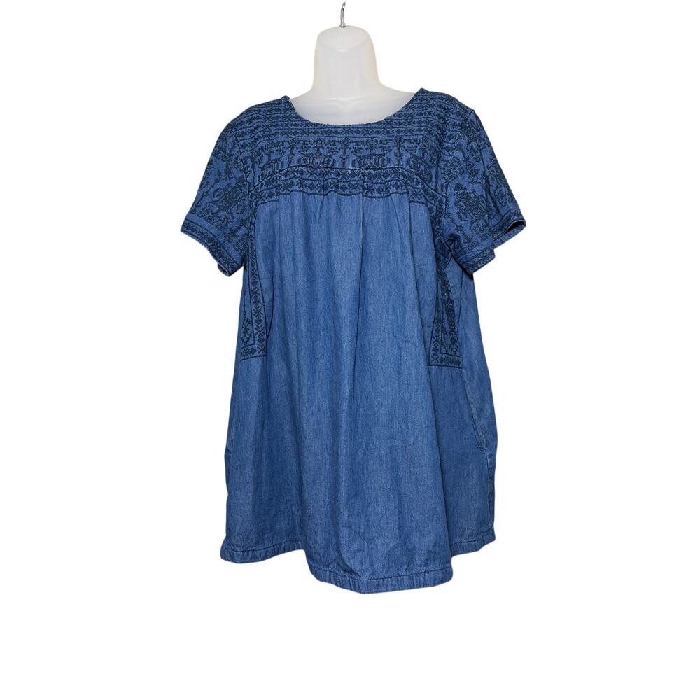 World Market Denim Blue Chambray Embroidered Mini Shift Dress Tunic with Pockets